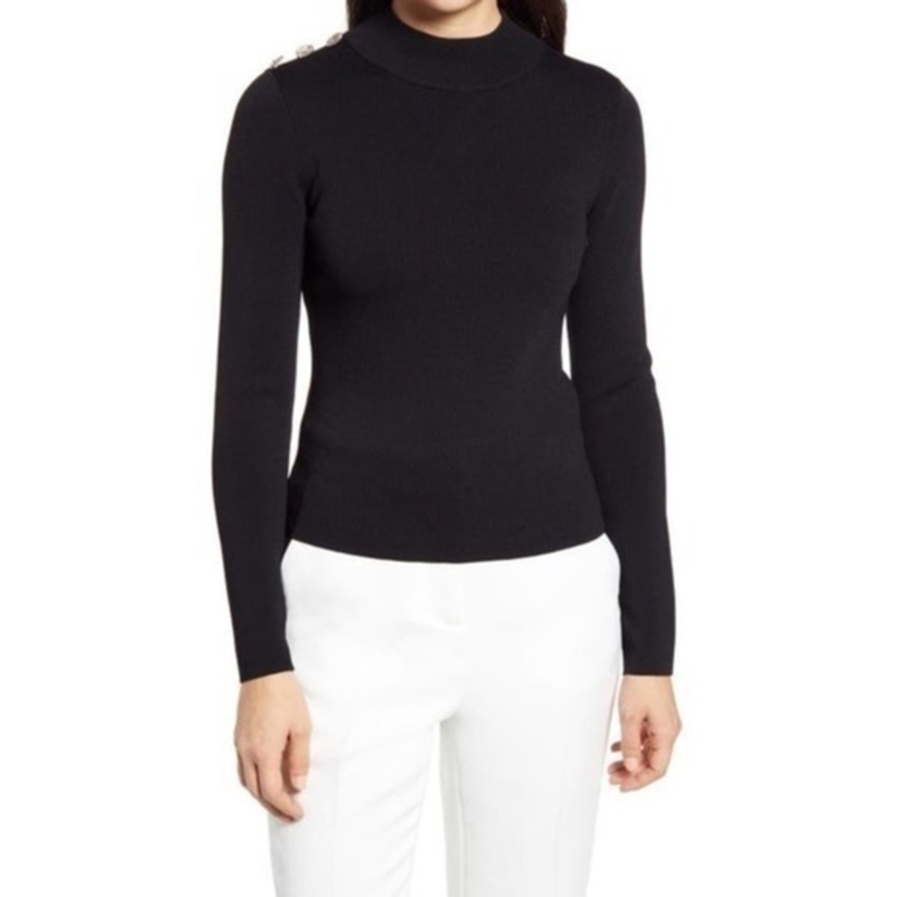 Eliza J Crystal‎ Embellished Shoulder Knit Mock Neck Sweater In Black NWT